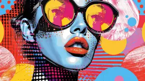 Illustration of a woman wearing sunglasses with a vibrant and colorful background.