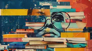 A vibrant and colorful abstract art piece featuring a face partially covered by glasses and surrounded by a collage of books in various colors and sizes, set against a backdrop of blue, yellow, and red hues.