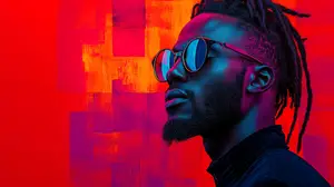 Man with dreadlocks and sunglasses wearing a black turtleneck shirt in front of a red and orange background