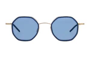 Blue and gold octagon shaped sunglasses with a blue frame and a gold rim