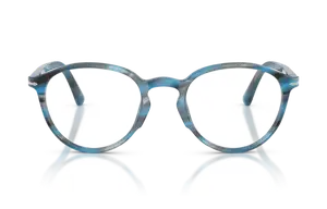 Blue and white colored eyeglasses with a reflection on the bottom