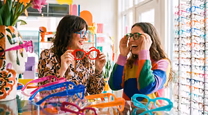 Two women are wearing colorful glasses and smiling in a shop with many colorful glasses on display.