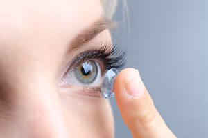 A woman's eye with a clear contact lens in her hand