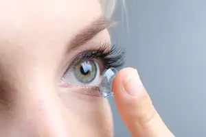 A woman's eye with a clear contact lens in her hand