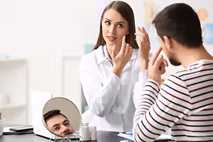A female doctor talks to a male patient while looking in a mirror in an office
