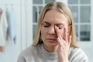 A blonde woman is closing her eyes and has her hand on her forehead.