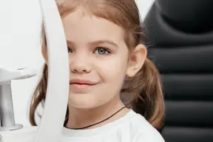 A young girl with brown hair wearing a white shirt and a black necklace is having her eyes examined by an optometrist using a white ophthalmoscope with a silver handle.
