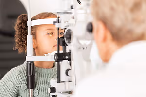 A little girl is looking at the camera with her eyes closed while wearing a green sweater and sitting in front of an eye exam machine in a blurry background with a doctor standing next to her