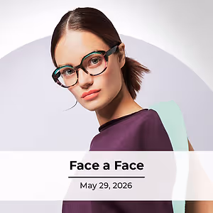 An image of a woman wearing eyeglasses with the words Face a Face and the date May 29, 2026
