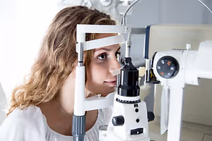 A woman is examining her eye using a white medical instrument with a black handle and a digital dial.