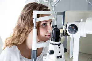 A woman is examining her eye using a white medical instrument with a black handle and a digital dial.