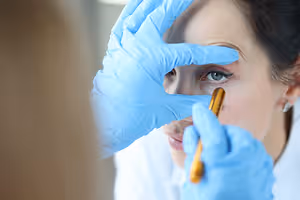Woman wearing blue gloves having her eye examined by a doctor