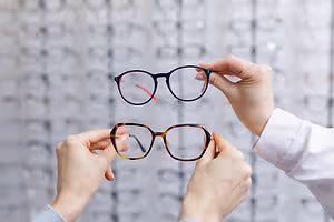 Optometrist holding two pairs of glasses in front of a wall with several pairs of glasses displayed on the wall behind them