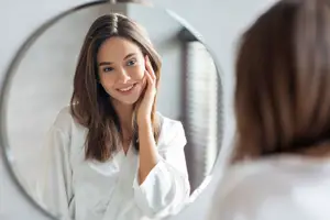 A woman is smiling and looking at her reflection in a mirror while wearing a white shirt