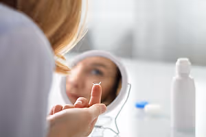 Woman putting on a contact lens and looking in the mirror