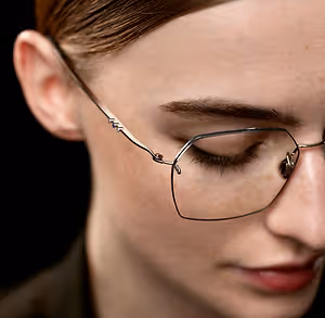Close-up of a woman wearing eyeglasses with a slight smile on her face