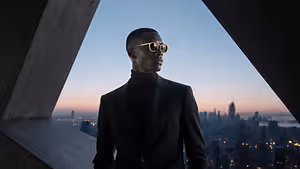 A man standing on the rooftop of a building at sunset with a cityscape in the background