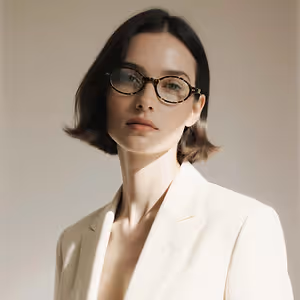 A woman in a white blazer wearing eyeglasses with a serious expression