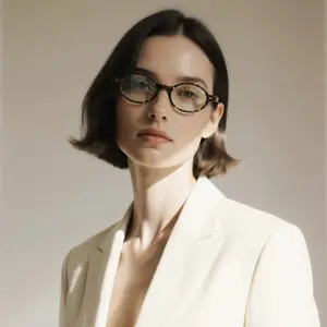 A woman in a white blazer wearing eyeglasses with a serious expression