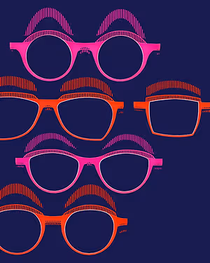 Five pairs of eyeglasses displayed on a blue background, with each pair featuring different colors and lens styles.
