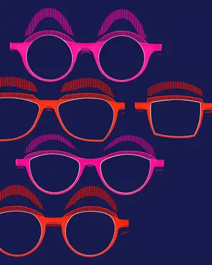 Five pairs of eyeglasses displayed on a blue background, with each pair featuring different colors and lens styles.