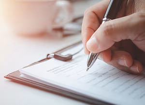 person holding a pen writing on a document
