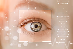 Close-up of a person's eye with an overlay of a hexagonal pattern and a square box in the background