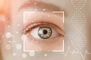 Close-up of a person's eye with an overlay of a hexagonal pattern and a square box in the background