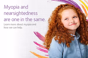 A young girl with curly red hair is smiling and posing for a photo with the text 'Myopia and nearsightedness are one in the same. Learn more about myopia and how we can help.'