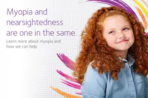 A young girl with curly red hair is smiling and posing for a photo with the text 'Myopia and nearsightedness are one in the same. Learn more about myopia and how we can help.'