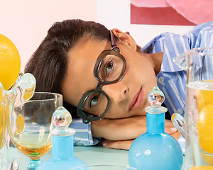 A girl with brown hair and glasses is sitting in front of a table with bottles and glasses of liquid on it.