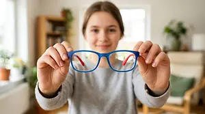 A girl holding up a pair of blue glasses with red details.
