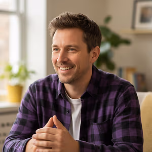 A smiling man sitting on a couch wearing a purple plaid shirt