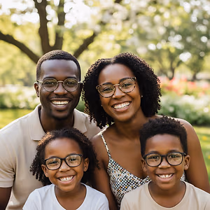 A family of four smiling and wearing glasses in a park with a blurred background of trees and flowers.