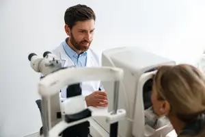 An optometrist checks a woman's eyes with a microscope.