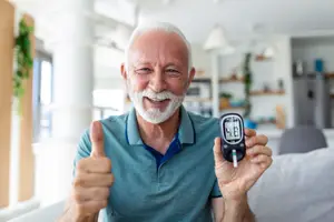 An older man checking his blood sugar level at home.