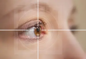 A close-up view of a person's eye with a white cross-shaped target on it, likely used for eye examination or testing.