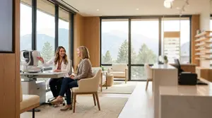 A woman in a lab coat is discussing with another woman in a waiting room with large windows and a view of mountains.