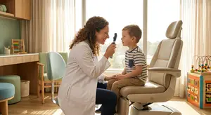 A smiling doctor is examining a child's eye in a doctor's office.