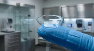 Close-up of a finger wearing a blue glove holding a clear contact lens over a glass lens.