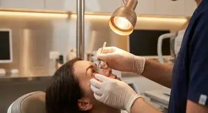A woman having her eyelashes treated at a beauty salon.
