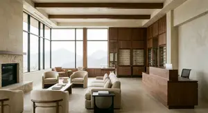 An interior view of a space with a large window, beige couches, and wooden furniture.