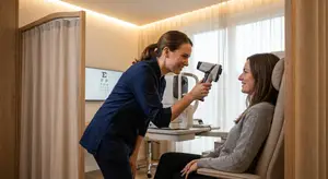 A woman is getting her eye checked by another woman using a device