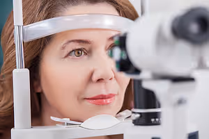 A woman wearing glasses looks into an ophthalmoscope in a medical office.