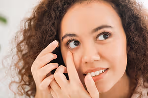 Woman with curly hair adjusting her contact lens while smiling and looking at the camera
