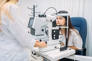 A woman is examining the eyes of another woman using an ophthalmoscope
