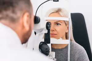 A woman getting her eyes checked by an optometrist in a clinic