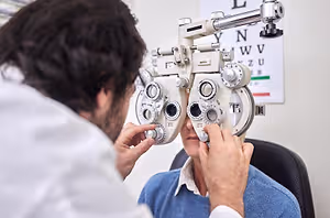 A doctor is checking a woman's eyes with an eye chart on the wall.