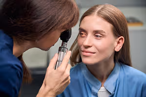 A woman with brown hair is examining a patient's eye with a medical instrument.