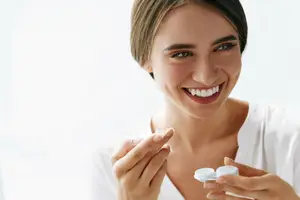 A smiling woman with short hair is holding a contact lens and a contact lens case in her hands, possibly in a room.
